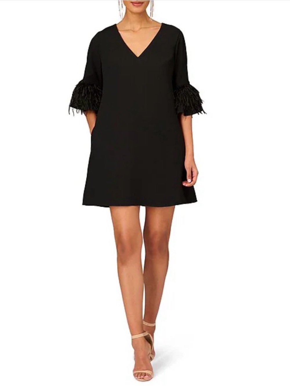 Aidan Mattox Black Feather Trim Trapeze Shift Cocktail Dress Sz 4 Pockets V-Neck